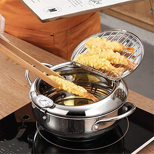 N/H Olla de freír Tempura Freidora Estilo japonés Control de Temperatura Olla de Pollo Frito con termómetro y Tapa, para Pollo Papas Fritas Sartén de Aceite de Pescado y camarones Acero Inoxidable