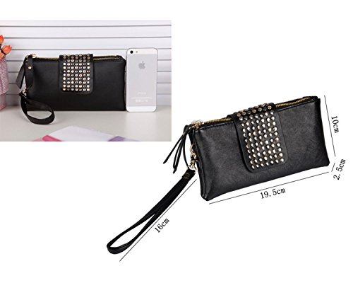 niceEshop(TM) Cuero de la PU de Bling del Remache de la Tarde del Monedero de la Bolsa de Mano, Negro