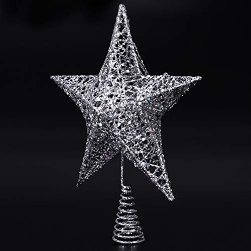 NICEXMAS - Decoración para árbol de Navidad con estrella plateada brillante de 20 cm, decoración de árbol de Navidad, 5 puntos