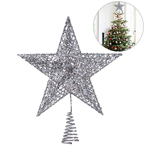 NICEXMAS - Decoración para árbol de Navidad con estrella plateada brillante de 20 cm, decoración de árbol de Navidad, 5 puntos