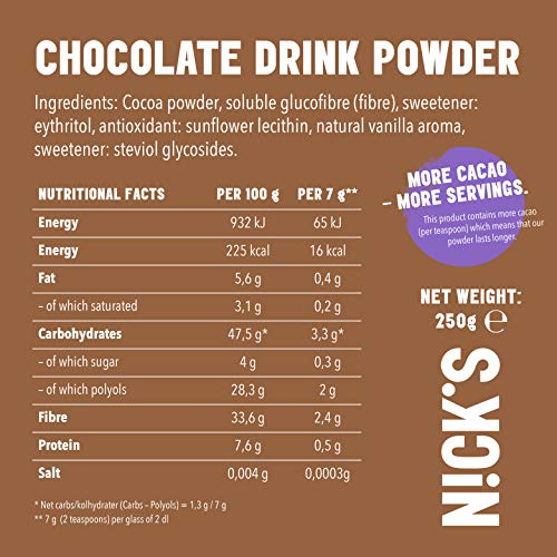 NICKS Chocodrink, Chocolate instantáneo, Cacao en polvo sin azúcar añadido - Más Cacao Más Porciones 250g (35 Porciones)