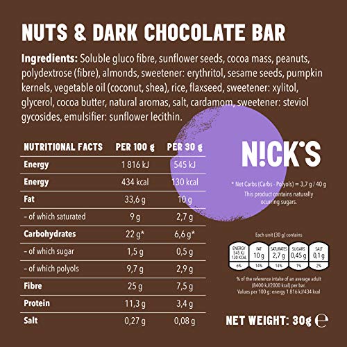 NICKS Go Nuts chocolate negro, Barra de semillas y nueces con chocolate, sin azúcar agregada, sin gluten 12 x 30g