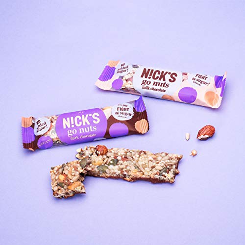 NICKS Go Nuts chocolate negro, Barra de semillas y nueces con chocolate, sin azúcar agregada, sin gluten 12 x 30g