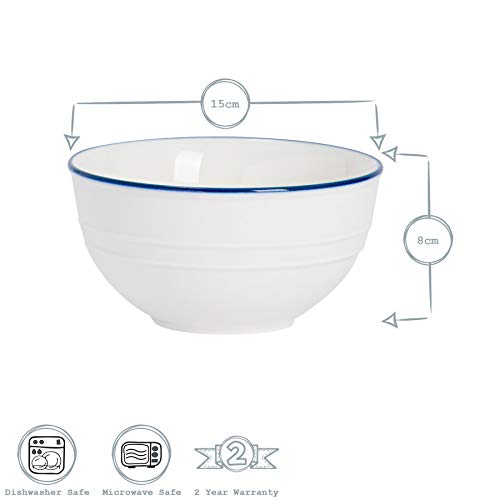 Nicola Spring Bol para Postre y Cereales - Estilo rústico - Blanco/Azul - 15 cm - Pack de 6