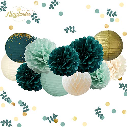 NICROLANDEE 12 pompones de tejido verde para colgar con lunares de papel de papel de color dorado con confeti para decoración de novia de estilo rústico, despedida de soltera, botánica de cumpleaños