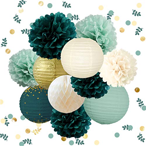 NICROLANDEE 12 pompones de tejido verde para colgar con lunares de papel de papel de color dorado con confeti para decoración de novia de estilo rústico, despedida de soltera, botánica de cumpleaños