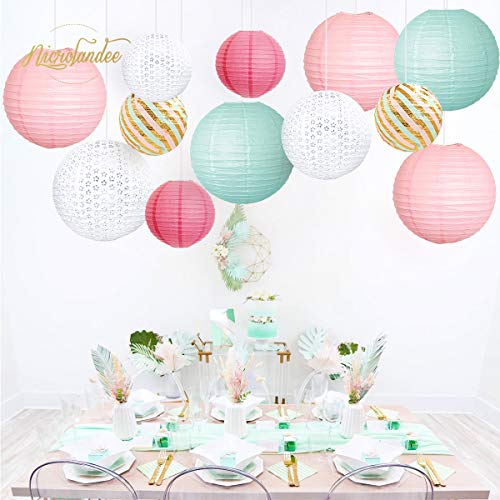 NICROLANDEE - Juego de 12 farolillos de papel con purpurina blanca y dorada para decoración de fiestas románticas, mejores suministros de boda, graduación, baby shower, cumpleaños Rosa menta