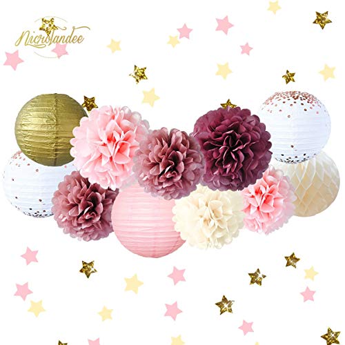 NICROLANDEE Kit de decoración de la Fiesta Rosa Tejido Flor Puntos de Oro Rosa linternas de Papel Confeti Dorado para Bodas Ducha Nupcial Baby Shower Fiesta de cumpleaños Decoraciones