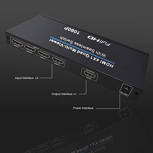 NIERBO HDMI Switch, Conmutador HDMI 4X1 Quad Visor Multi-Pantalla 4K @30Hz Audio Conmutador Scaler HDCP 1.4 3D 1080p Control Remoto Soporta 5 Modos para PS3/PC/STB/DVD/Xbox/PS4/Notebook/HDTV