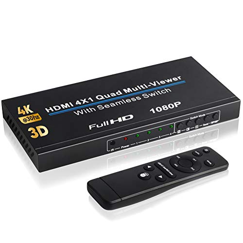 NIERBO HDMI Switch, Conmutador HDMI 4X1 Quad Visor Multi-Pantalla 4K @30Hz Audio Conmutador Scaler HDCP 1.4 3D 1080p Control Remoto Soporta 5 Modos para PS3/PC/STB/DVD/Xbox/PS4/Notebook/HDTV