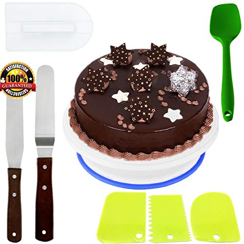 Nifogo Cake Turntable Conjunto, Incluir 1 Plato Giratorio para Tartas, 1 Espátula de Silicona, 3 Espátulas de Plástico para Decoración, 2 Espátula de Acero Inoxidable, 1 Cake Smoother (8PCS)