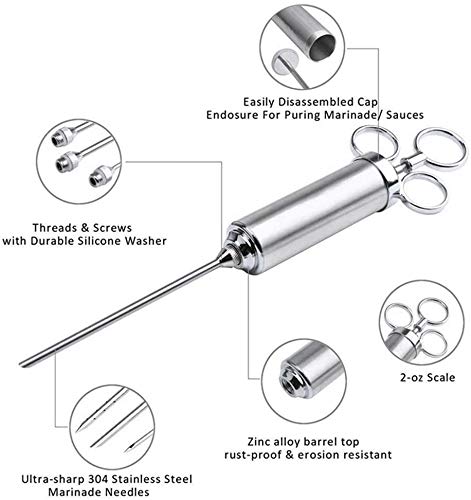 Nifogo Jeringuilla Cocina da Acero,Jeringa Cocina INOX con 3 Agujas,Jeringuillas,Agujas Embuchar, Mechador De Carne,de Acero Inoxidable para Pavo De Res BBQ 60 Ml 2 Oz con 3 Cepillos (Plata)