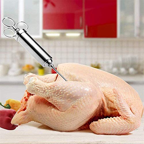 Nifogo Jeringuilla Cocina da Acero,Jeringa Cocina INOX con 3 Agujas,Jeringuillas,Agujas Embuchar, Mechador De Carne,de Acero Inoxidable para Pavo De Res BBQ 60 Ml 2 Oz con 3 Cepillos (Plata)