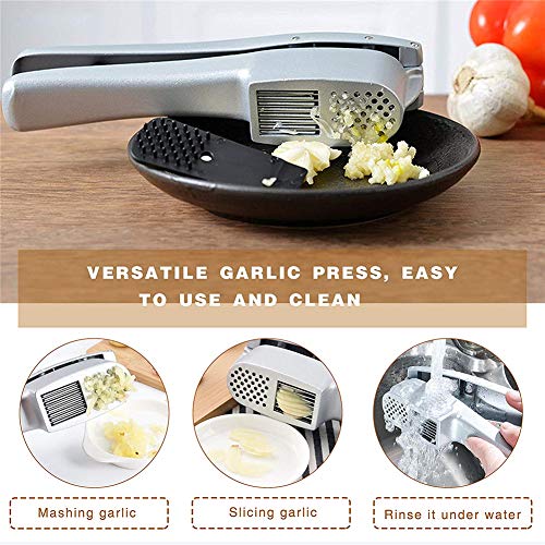 Nifogo Prensa de ajos Profesional, 2 en 1 Garlic Press de Acero Inoxidable, Utensilio de Cocina Limpiar con Facilidad (Plata + Paños)