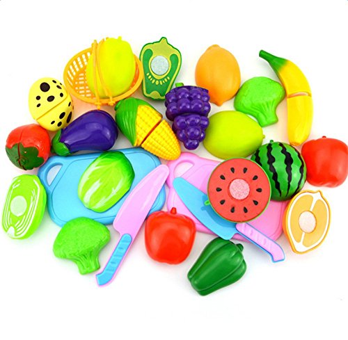 Nikgic 24pcs Corte Juguete Plástico Frutas y Verduras Pizza Juguetes Eeducativos Set - para Niños Desarrollo Educación Alimentos Juguete de Cocina Set Estilo 1