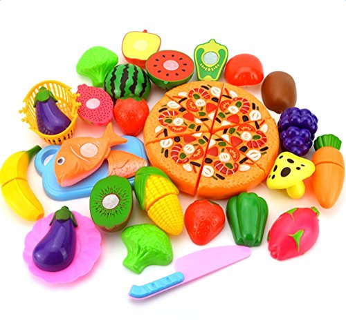 Nikgic 24pcs Corte Juguete Plástico Frutas y Verduras Pizza Juguetes Eeducativos Set - para Niños Desarrollo Educación Alimentos Juguete de Cocina Set Estilo 1