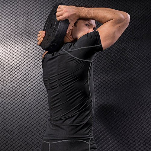 Niksa 2 Piezas Camisetas de Fitness Compresión Ropa Deportiva Manga Corta Hombre para Correr, Ejercicio,Gimnasio Negro Gris+ Azul Marino 1053(S)