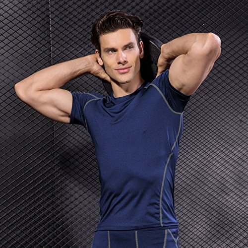 Niksa 2 Piezas Camisetas de Fitness Compresión Ropa Deportiva Manga Corta Hombre para Correr, Ejercicio,Gimnasio Negro Rojo+Azul Marino 1053(XXL)