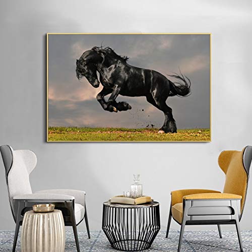 NIMCG Hermoso Caballo Negro póster impresión Mural Arte Lienzo Pintura Salto Hermoso Caballo Negro Cuadro para Sala de Estar decoración del hogar (sin Marco) 60x80 cm