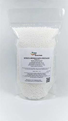 nitrato al 34,5% (N) cristalino hidrosoluble, nitrógeno rapido. 1 Kilo. Abono válido para Todo Tipo de Cultivos.