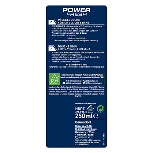 Nivea Men Power Fresh - Gel de ducha (250 ml), gel de ducha revitalizante con mentol y menta acuática, con pH hipoalergénico para cuerpo, cara y cabello