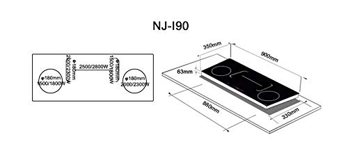 NJ-I90 Placa de Inducción Empotrada 90 cm 4 Zonas de Cocción Área Flexible Sensor de Vidrio Negro