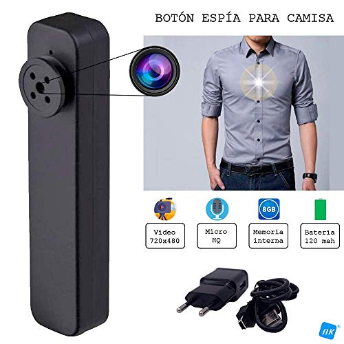 NK Cámara espía para Camisa/Chaqueta Mini Videocámara Espía Oculta, 720x480 Cámara de Vigilancia Portátil, Cámara de Seguridad Micro - 8GB Integrados Vídeo/Foto - Color Negro