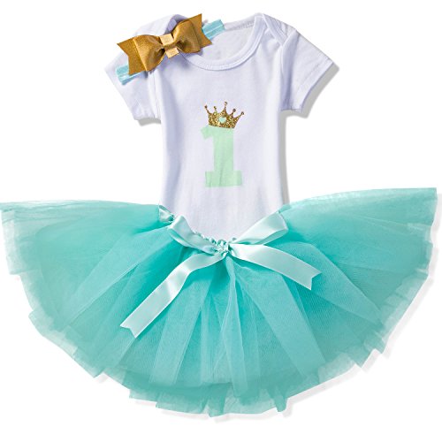 NNJXD Recién Nacida Tutú Primer Cumpleaños 3 Piezas Trajes Mameluco + Falda y Diadema Tamaño (1) 1 Año Verde