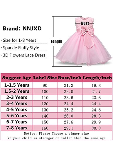 NNJXD Vestido de Fiesta de Princesa con Encaje de Flor de 3D sin Mangas para Niñas Talla(90) 12-18 Meses Rose