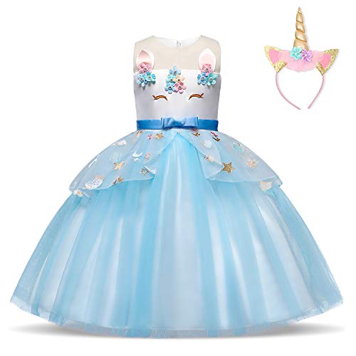 NNJXD Vestido de Unicornio para niñas Fiesta de Apliques de Flores Cosplay Disfraz de Halloween + Gorros Tamaño (110) 3-4 años Azul