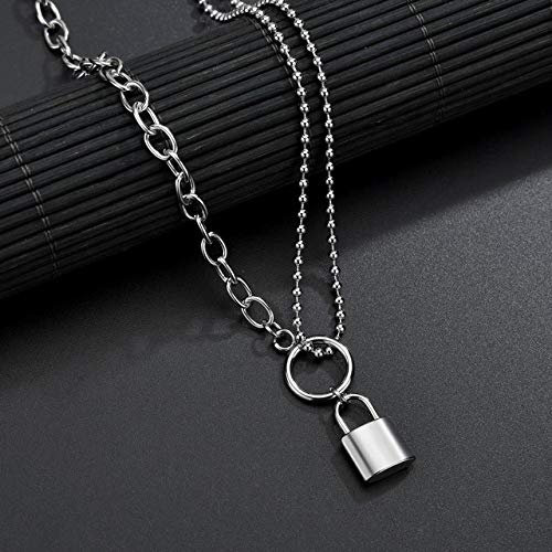 NNNDNDN Hip Hop Joyas Candado Multicapa Punk Chain Lock Collar Boy's Steampunk Colgante Grande Collar Largo Boyfriend Gift | Collar Colgante