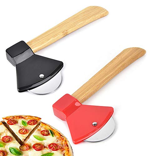 N\O 2PCS Cortador de Pizza, Cortador de Pizza de Hacha de Acero Inoxidable con Mango de bambú y Protector de Cuchilla, Cortador de Ruedas de Pizza Accesorios Cocina(Rojo,Negro)