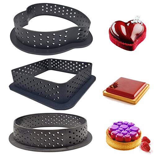 N\O 3 Piezas Molde Aro Redondo Perforado,Molde de Mousse Anillo de Tarta de Postre francés Pastel de Plástica, Mousse Circle Cutter Herramienta de decoración Postre(Círculo Cuadrado Forma de corazón)