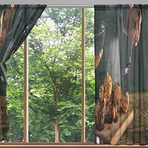 N\O Cortina de gasa transparente para ventana, decoración de Eclairs con chocolate poliéster cortina transparente para decoración de dormitorio, puerta del hogar, cocina, sala de estar, 1 par/2 piezas