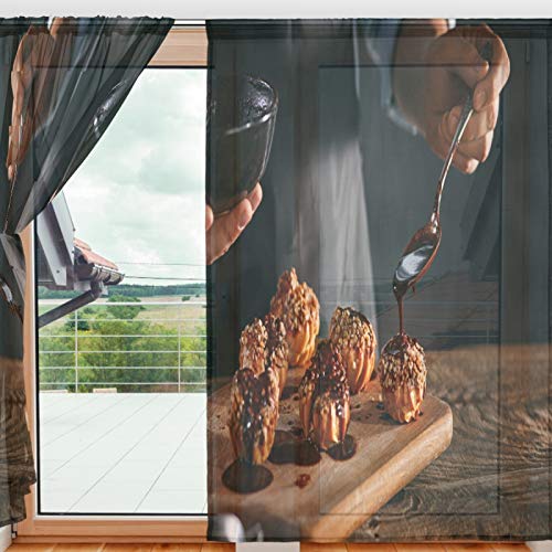 N\O Cortina de gasa transparente para ventana, decoración de Eclairs con chocolate poliéster cortina transparente para decoración de dormitorio, puerta del hogar, cocina, sala de estar, 1 par/2 piezas