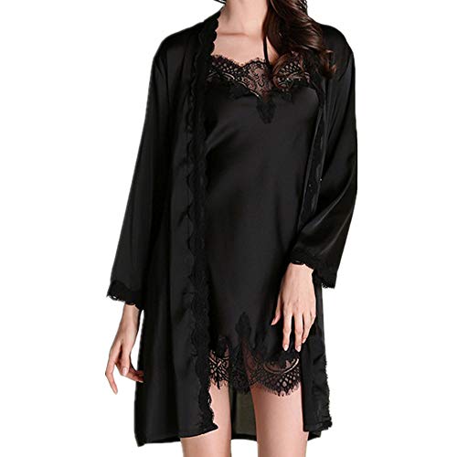 NOBRAND - Pijama de manga larga para mujer, otoño, sexy, camisón de seda, camisón de manga larga Negro Negro ( M