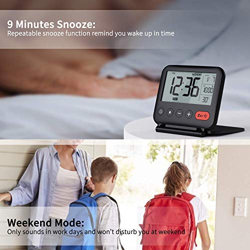 NOKLEAD Mini Digital Despertador – Pequeño moderno de viaje con indicador de temperatura, fecha, pantalla LCD, repetición de alarma y retroiluminación, reloj de mesa a pilas para salón, niños (negro)