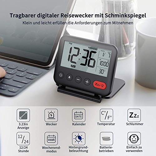 NOKLEAD Mini Digital Despertador – Pequeño moderno de viaje con indicador de temperatura, fecha, pantalla LCD, repetición de alarma y retroiluminación, reloj de mesa a pilas para salón, niños (negro)