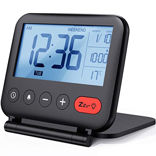 NOKLEAD Mini Digital Despertador – Pequeño moderno de viaje con indicador de temperatura, fecha, pantalla LCD, repetición de alarma y retroiluminación, reloj de mesa a pilas para salón, niños (negro)