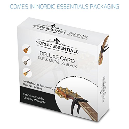 Nordic Essentials Nordic-02 Deluxe - Cejilla para guitarra, ukelele, banjo, mandolina, bajo, de aleación de cinc de alta calidad para 6 instrumentos de 12 cuerdas, accesorios de lujo (negro)