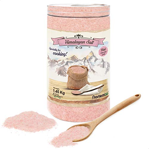 Nortembio Sal Rosa del Himalaya 1,45 Kg. Extrafina (0,5-1 mm). Sal Gourmet 100% Natural. Rica en Minerales. Cocina Sana. Sin Refinar. Sin Conservantes. Extraída a mano. De Punjab Pakistán.