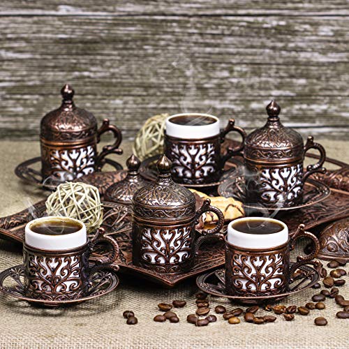 Nosy Nomad Juego de café: Set de 6 Tazas de Café Turco, Plato de Dulces, Cobre Fundido Original | Juego de Café Turco de Cobre con Tazas Otomanas | Conjunto de 6