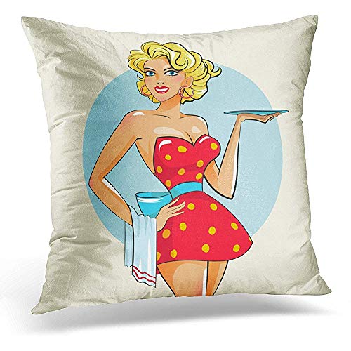 Not Applicable Funda para Almohada,Hermosa Chica Pinup con Bandeja Sexy Camarera Belleza Atractiva Novedad Fundas De Almohada para La Decoración De La Sala De Estar En El Hogar