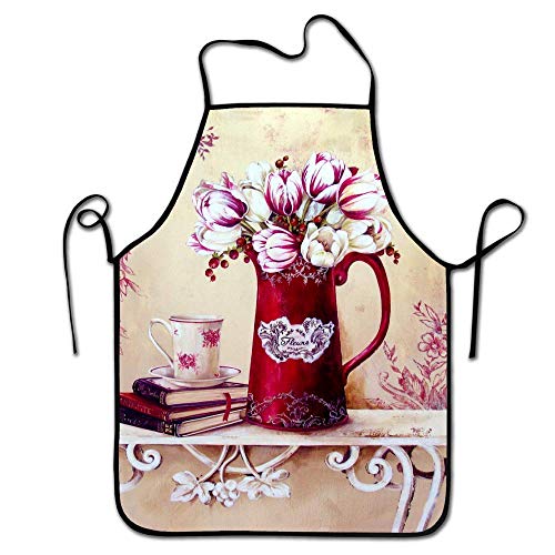 Not Applicable Retro Vintage florero Rojo Tulip Flower Delantal clásico Delantal de Chef Personalizado para Mujeres Hombres Delantal de Babero de Cocina Ideal para Lavar Platos Limpieza Pintura