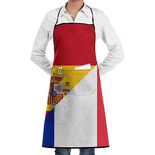 Novedad Delantal con Bolsillos con Bolsillos Bandera de Francia y España Delantal de Cocina para Cocineros caseros Cocina BBQ Parrilla Hornear