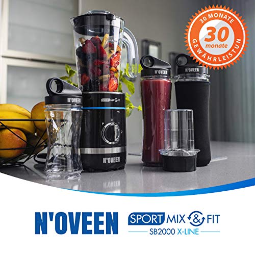 N'OVEEN Fitness Mixer Smoothie Maker, mezclador deportivo multifuncional de 500 vatios - colaciones savoureuses et riches en vitamines pour athlètes, cojo a 6 sujetadores,3 sans BPA,2x 600 ml y 300 ml