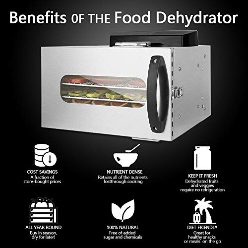 Novhome Deshidratador de Alimentos Acero Inoxidable 6 bandejas Deshidratador Frutas y Verduras Temperatura 30-90℃ Temporizador de 24 Horas Libre de BPA para Carne Hierbas