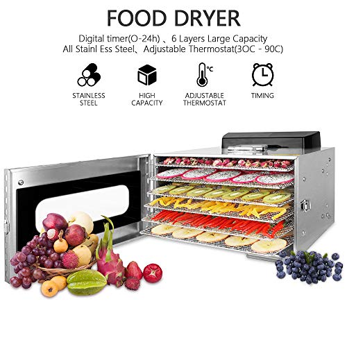 Novhome Deshidratador de Alimentos Acero Inoxidable 6 bandejas Deshidratador Frutas y Verduras Temperatura 30-90℃ Temporizador de 24 Horas Libre de BPA para Carne Hierbas