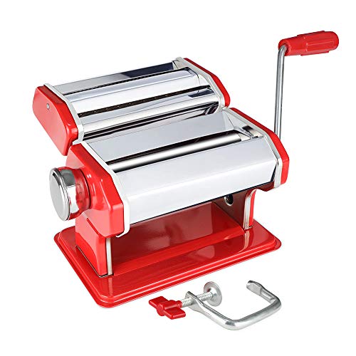 Novhome Máquina para Hacer Pasta manuale Fresca Máquina de Cortador de Acero Inoxidable para Espagueti, Tagliatelle, Fettuccine y Lasaña (Rojo, 21 x 15 x 19,5 cm)