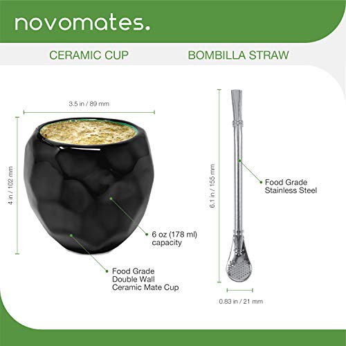 Novomates Yerba Kit Mate Argentino - Vaso para Mate y Bombilla - Kit Mate Cerámica Doble Pared con Bombilla Mate Argentino - Vaso para Mate Uruguayo - Mate y Bombilla - Negro, 180 ml